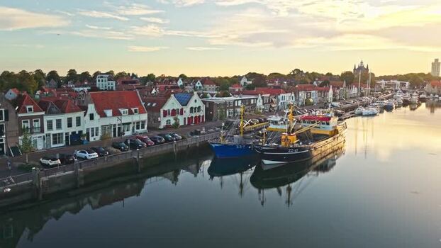 Aerial view of Zierikzee harbor at sunset Netherlands.