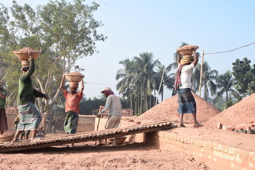Kushtia District Khulna Division Bangladesh 28 November 2020 View of workers carrying baskets of clay on their heads at a brickyard with palm trees and piles of raw bricks. Kushtia District Khulna Division Bangladesh 28 November 2020 View of workers carrying baskets of clay on their heads at a brickyard with palm trees and piles of raw bricks.