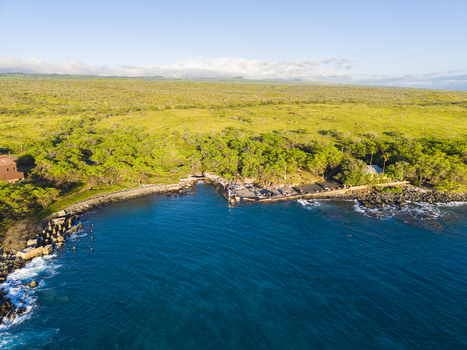 Aerial view of Mahukona Beach Park featuring the rocky coastline turquoise ocean water and lush green trees in Waimea Hawaii United States.