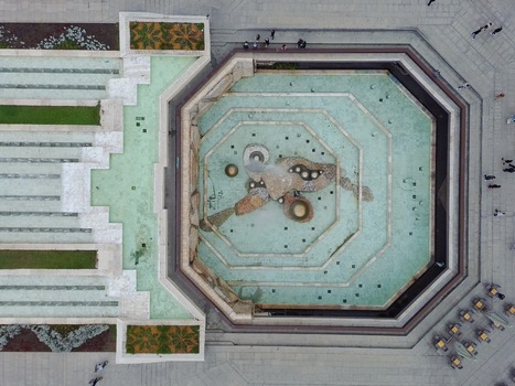 Aerial view of the NDK square fountain with its distinctive octagonal design and water features surrounded by stone paving and outdoor seating in Sofia Sofia City Province Bulgaria. Aerial view of the NDK square fountain with its distinctive octagonal design and water features surrounded by stone paving and outdoor seating in Sofia Sofia City Province Bulgaria.
