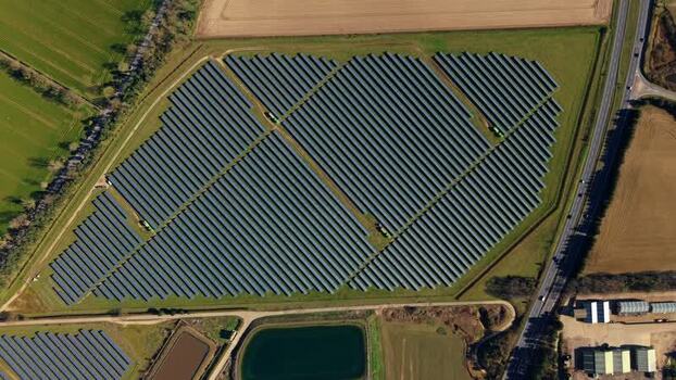 Aerial view of solar panel farm United Kingdom.