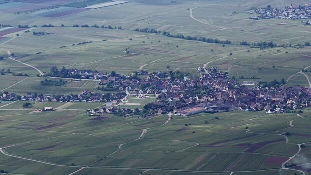 Aerial view of the town of Ribeauville and vineyards France. Aerial view of the town of Ribeauville and vineyards France.