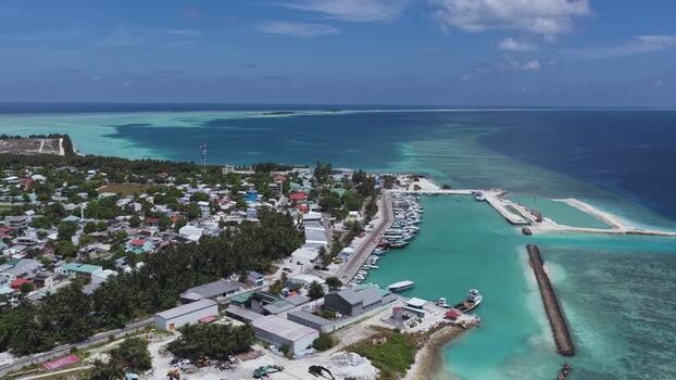 Aerial view of the harbor and town in Kudahuvadhoo Maldives.