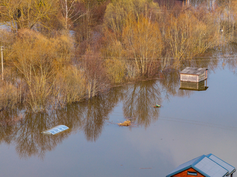 Aerial view of a flooded landscape with submerged trees and small wooden sheds reflecting in the calm water in Kedainiai Kaunas County Lithuania. Aerial view of a flooded landscape with submerged trees and small wooden sheds reflecting in the calm water in Kedainiai Kaunas County Lithuania.