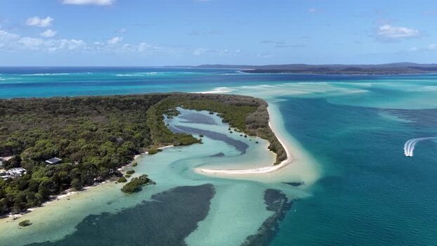 Aerial view of Day s Gutter sand bank at Moreton Island Australia.