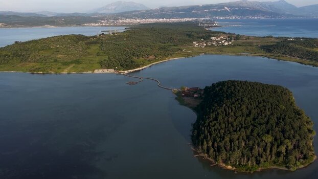 Aerial view of Zvernec Island and the wooden bridge Albania.