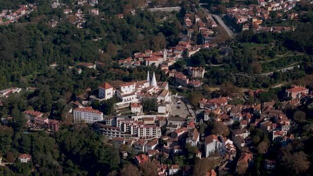 Aerial view of the historic Sintra National Palace and town Portugal.