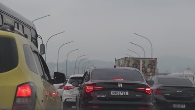 View of heavy traffic on a highway in Rio de Janeiro Brazil.