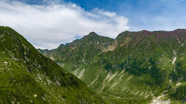 Aerial view of the Transfagarasan mountain pass winding through the lush green peaks of the Carpathian Mountains in Curtea de Arges Arges County Romania.