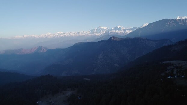 Aerial view of snow capped Himalayan peaks of Chopta Tungnath India.