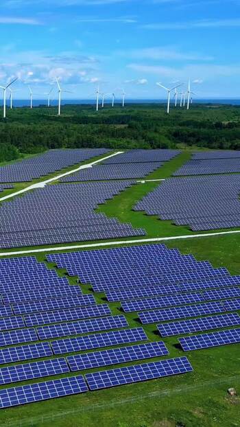 Aerial view of solar farm and wind turbines in Estonia. Aerial view of solar farm and wind turbines in Estonia.