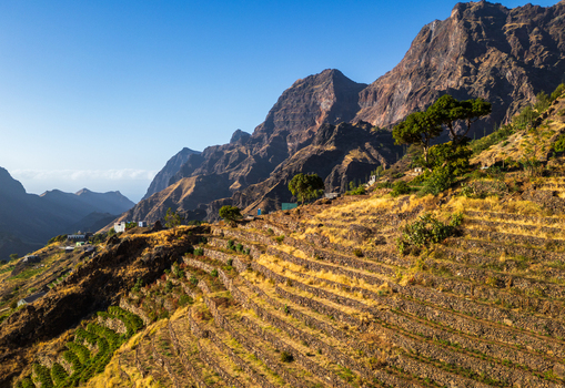 Aerial view of the terraced fields of Santo Antao with steep rugged mountains and golden slopes under a clear blue sky in Alto Mira Porto Novo Cabo Verde.