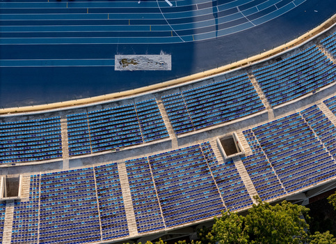 Aerial view of the blue running track and stadium seating in Santo Domingo Distrito Nacional Dominican Republic.