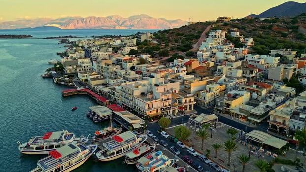 Aerial view of coastal town in Crete Greece.