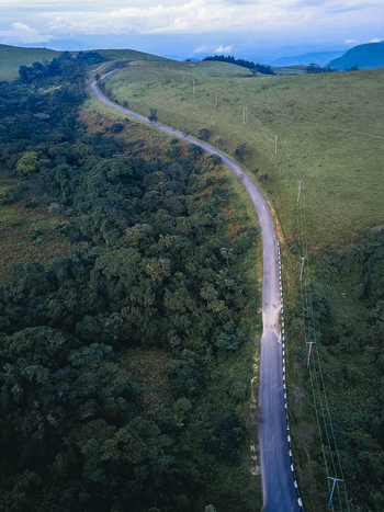 Aerial view of a winding road sharply divides dense dark emerald forest from rolling sun kissed grassy hills under a dramatic sky Obudu Cross River Nigeria.