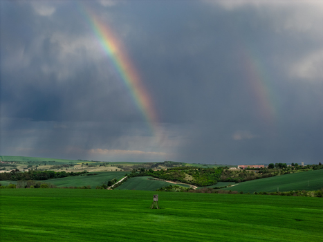 Aerial view of a green field with a wooden hunting blind rolling hills and a rainbow in a stormy sky in Nasedlovice South Moravian Region Czechia.