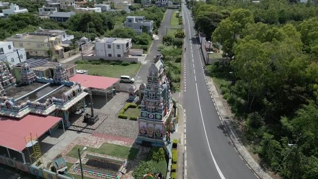 Aerial view of Hindu temple in Cap Malheureux Mauritius.
