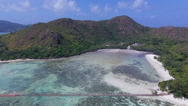 Aerial view of Curieuse Island in Baie Sainte Anne Seychelles.