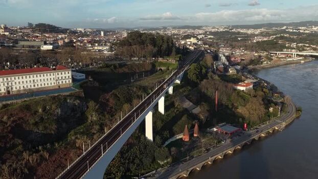 Aerial view of Maria Pia Bridge over river Portugal.