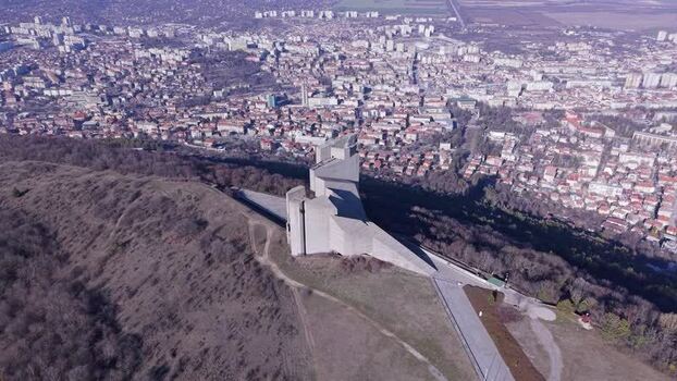 Aerial view of Founders of the Bulgarian State Monument Bulgaria.