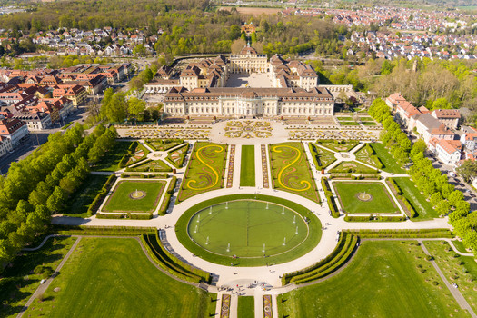 Aerial view of the historic Ludwigsburg Palace with its expansive baroque gardens manicured lawns and fountains in Ludwigsburg Baden Wurttemberg Germany.