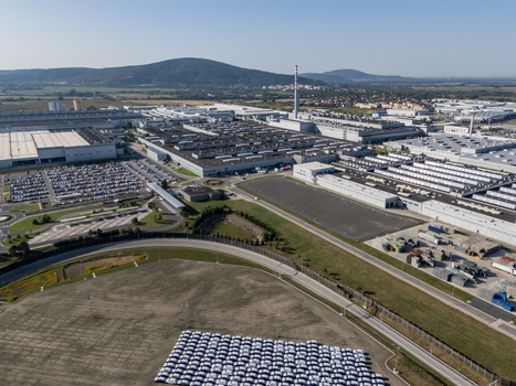 Aerial view of the Volkswagen Slovakia factory complex in Devinska Nova Ves featuring industrial buildings and parking lots in Bratislava Bratislavsky kraj Slovakia. Aerial view of the Volkswagen Slovakia factory complex in Devinska Nova Ves featuring industrial buildings and parking lots in Bratislava Bratislavsky kraj Slovakia.