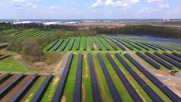 Aerial view of solar farm United States.