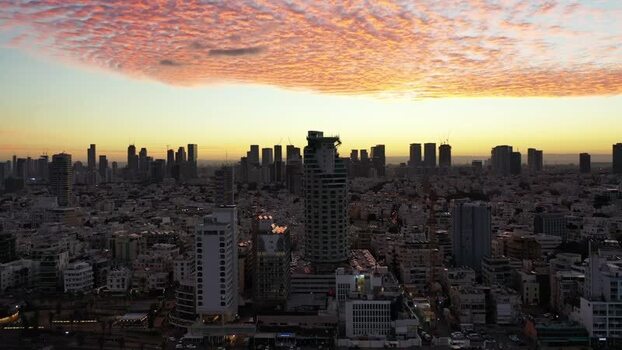 Aerial view of Tel Aviv skyline at sunset Israel.