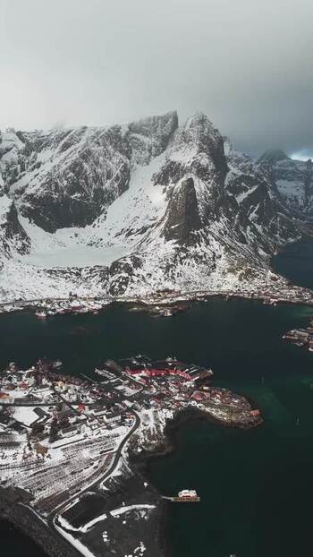 Aerial view of Reinebringen mountain Norway.