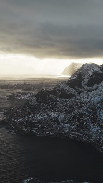 Aerial view of Reinebringen mountain Norway.