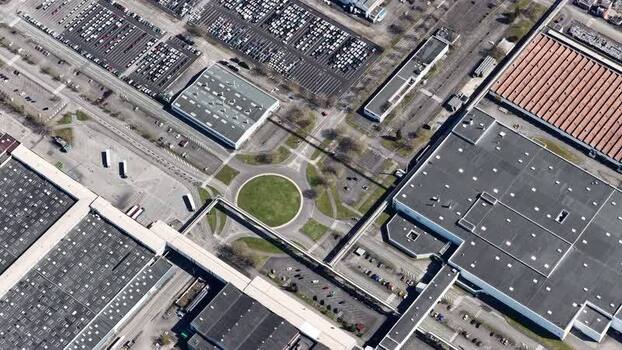 Aerial view of industrial area with roundabout France.