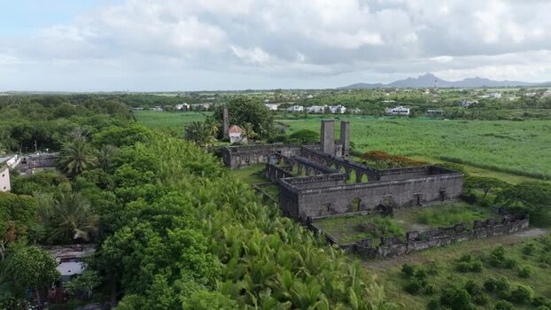 Aerial view of historic sugar mill ruins in Quatre Cocos Mauritius.