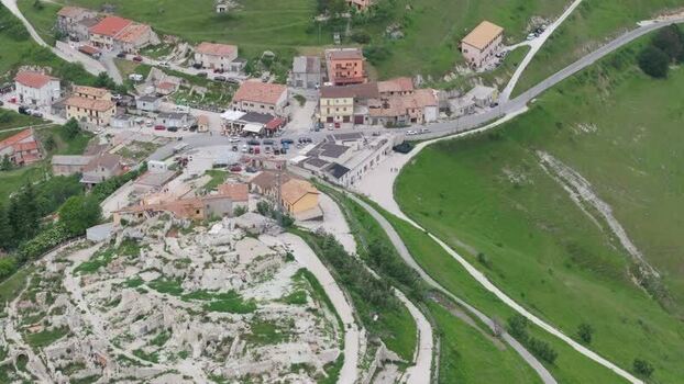 Aerial view of Castelluccio village in Umbria Italy.
