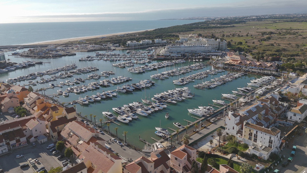 Aerial view of Vilamoura marina in Quarteira Faro District Portugal.