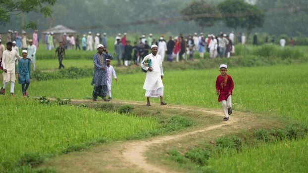 View of people walking through green fields in Bogura Bangladesh. View of people walking through green fields in Bogura Bangladesh.