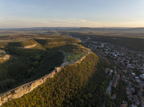 Aerial view of the historic Ovech Fortress situated on a rocky plateau overlooking the town of Provadia Varna Bulgaria. Aerial view of the historic Ovech Fortress situated on a rocky plateau overlooking the town of Provadia Varna Bulgaria.