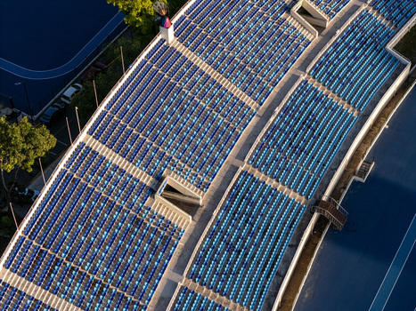 Aerial view of the blue stadium seating rows at a sports venue in Santo Domingo Distrito Nacional Dominican Republic.