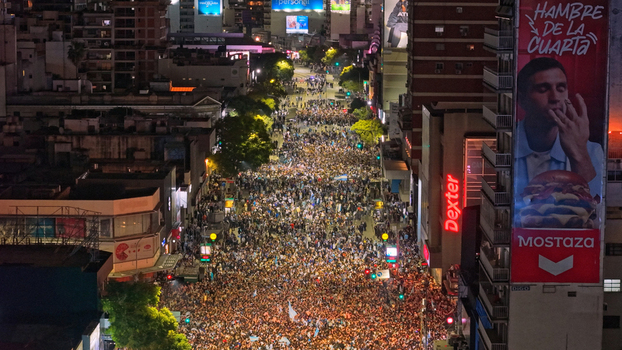 Buenos Aires Argentina 15 July 2026 Aerial view of the Cabildo and Juramento intersection in Belgrano packed with cheering crowds celebrating a FIFA World Cup 2026 victory at night. Buenos Aires Argentina 15 July 2026 Aerial view of the Cabildo and Juramento intersection in Belgrano packed with cheering crowds celebrating a FIFA World Cup 2026 victory at night.