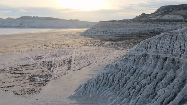 Aerial view of Tuzbair salt flat and white cliffs Kazakhstan. Aerial view of Tuzbair salt flat and white cliffs Kazakhstan.