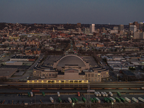 Aerial view of the iconic Music Hall and Cincinnati Union Terminal a symphony of lights against the twilight canvas Cincinnati Ohio United States. Aerial view of the iconic Music Hall and Cincinnati Union Terminal a symphony of lights against the twilight canvas Cincinnati Ohio United States.