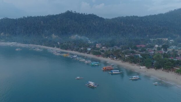 Aerial view of Port Barton Beach and outrigger boats Philippines.