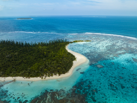 Aerial view of the vibrant contrast between the lush green forest and the pristine white sand beach meeting the turquoise waters Noumea New Caledonia. Aerial view of the vibrant contrast between the lush green forest and the pristine white sand beach meeting the turquoise waters Noumea New Caledonia.