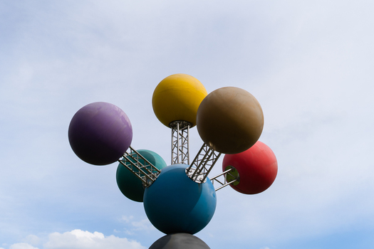 Bratislava Slovakia 09 May 2026 View of the colorful molecular sculpture with large spheres and metal trusses against a bright sky.