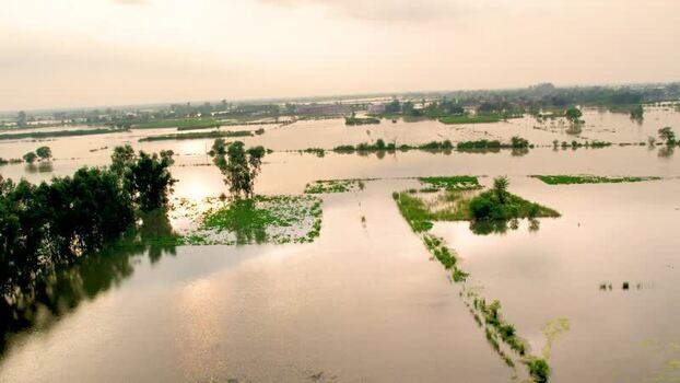 Aerial view of flooded village fields in Patna India.