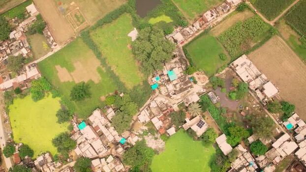 Aerial view of solar scheme in rural Lucknow India.