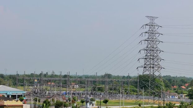 Aerial view of an electrical substation and power tower Indonesia. Aerial view of an electrical substation and power tower Indonesia.
