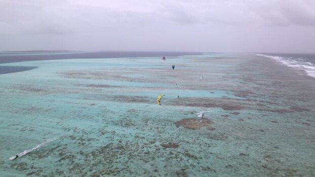 Aerial view of kitesurfing in Los Roques Venezuela.