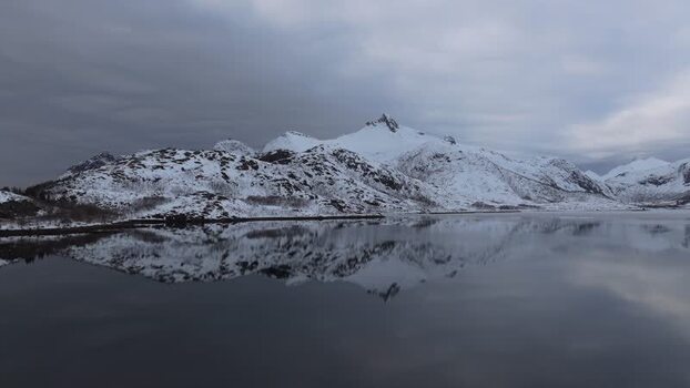 Aerial view of snow covered Lofoten mountains in Norway.
