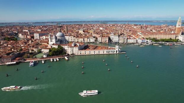 Aerial view of Santa Maria della Salute and the Grand Canal Italy.