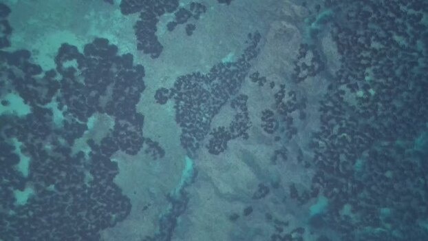Aerial view of rocky seabed formations in Moraira Spain.